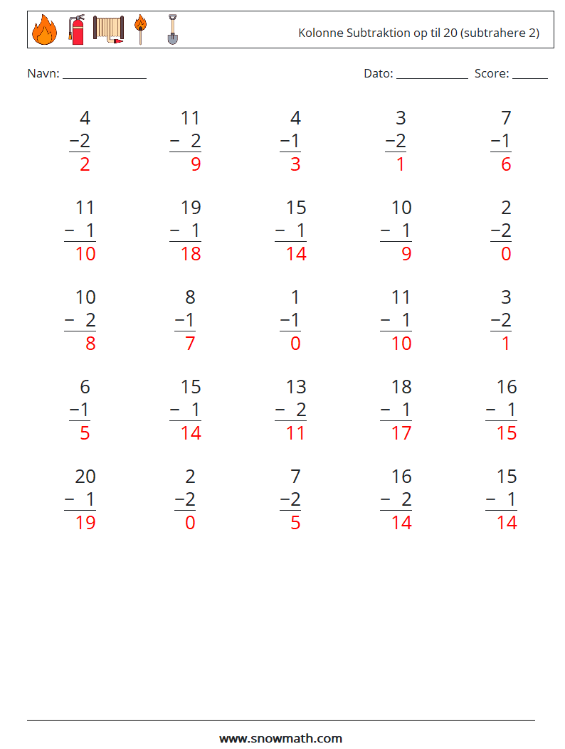 (25) Kolonne Subtraktion op til 20 (subtrahere 2) Matematiske regneark 13 Spørgsmål, svar