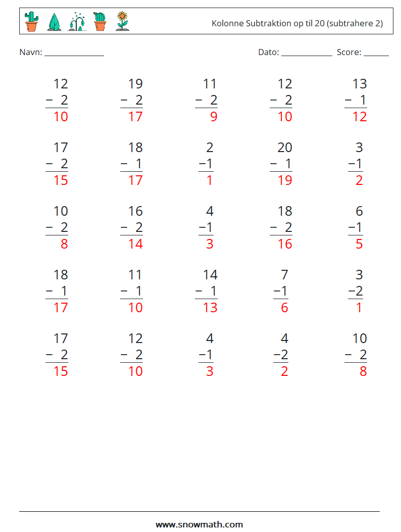 (25) Kolonne Subtraktion op til 20 (subtrahere 2) Matematiske regneark 15 Spørgsmål, svar