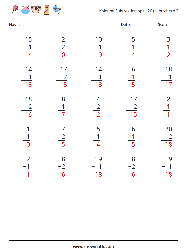 (25) Kolonne Subtraktion op til 20 (subtrahere 2) Matematiske regneark 16 Spørgsmål, svar