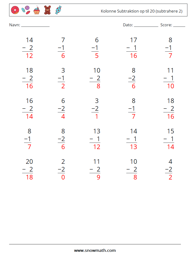 (25) Kolonne Subtraktion op til 20 (subtrahere 2) Matematiske regneark 17 Spørgsmål, svar