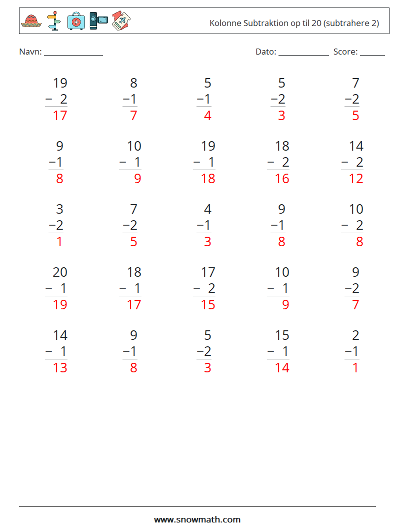 (25) Kolonne Subtraktion op til 20 (subtrahere 2) Matematiske regneark 18 Spørgsmål, svar