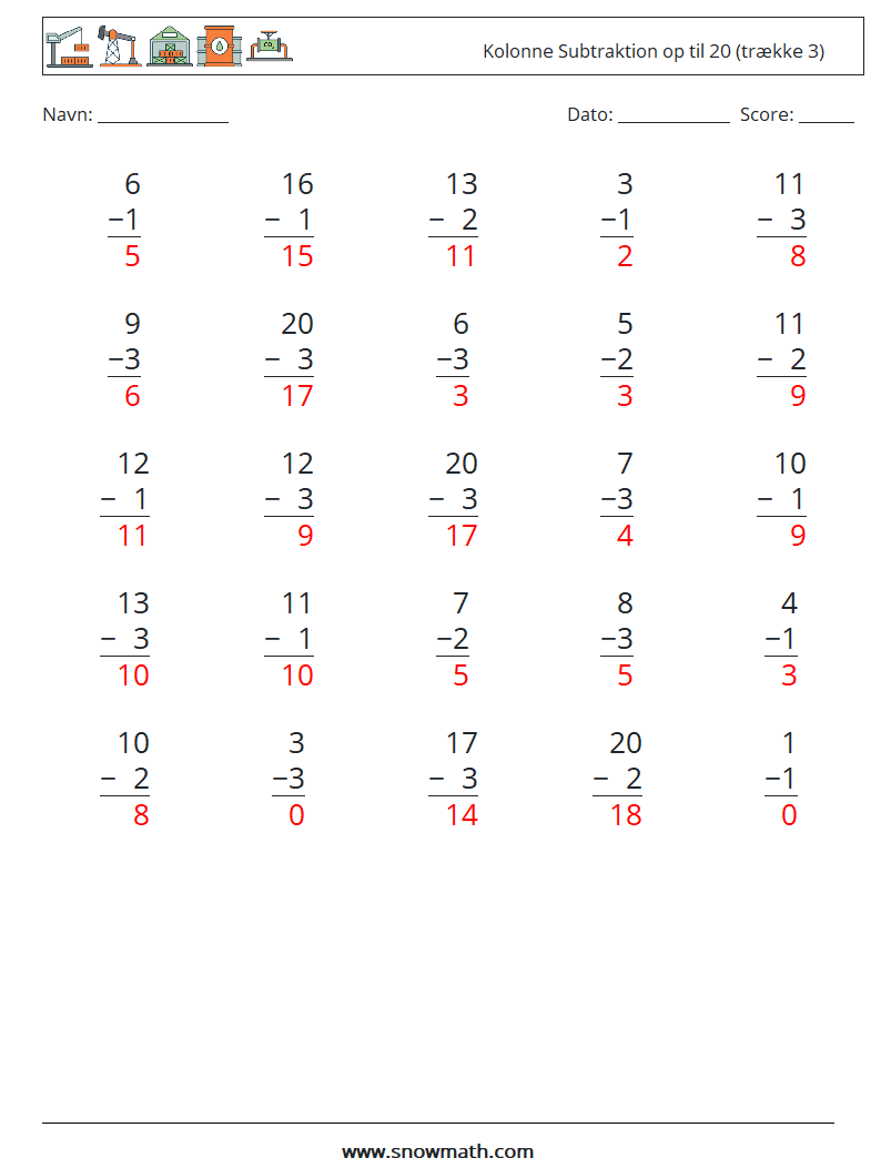 (25) Kolonne Subtraktion op til 20 (trække 3) Matematiske regneark 10 Spørgsmål, svar