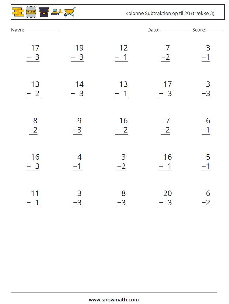 (25) Kolonne Subtraktion op til 20 (trække 3) Matematiske regneark 11