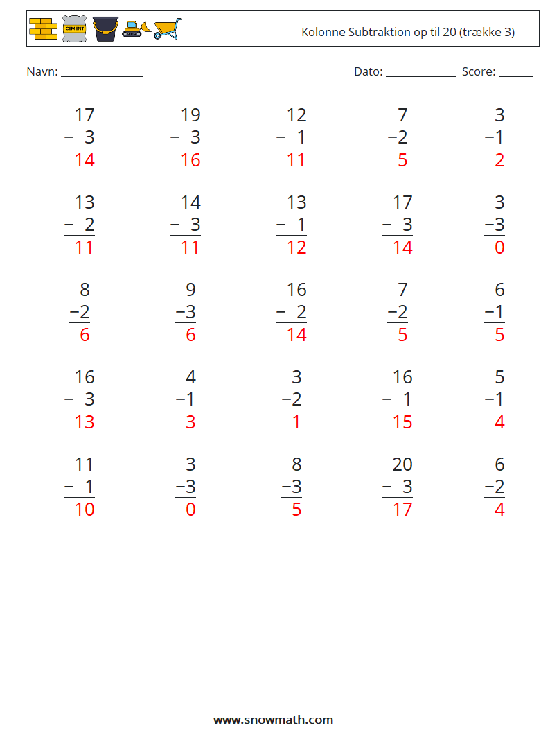 (25) Kolonne Subtraktion op til 20 (trække 3) Matematiske regneark 11 Spørgsmål, svar