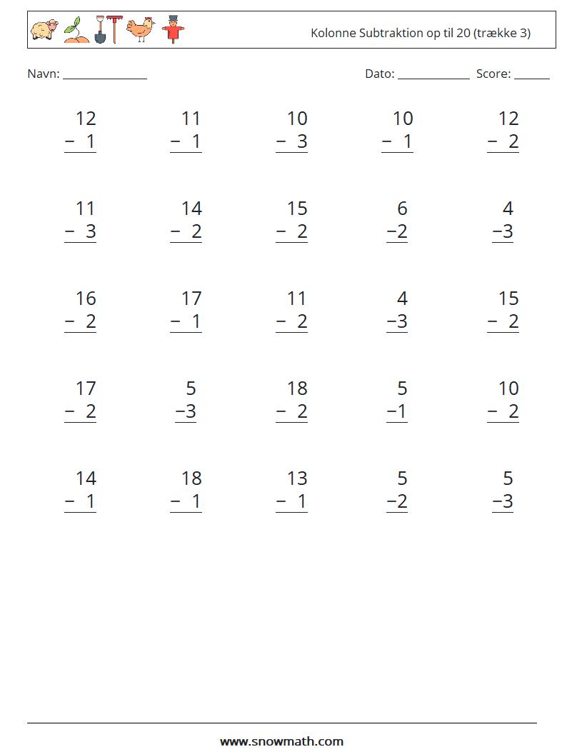 (25) Kolonne Subtraktion op til 20 (trække 3) Matematiske regneark 13