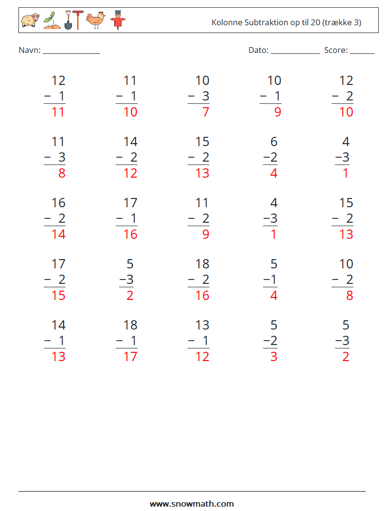 (25) Kolonne Subtraktion op til 20 (trække 3) Matematiske regneark 13 Spørgsmål, svar