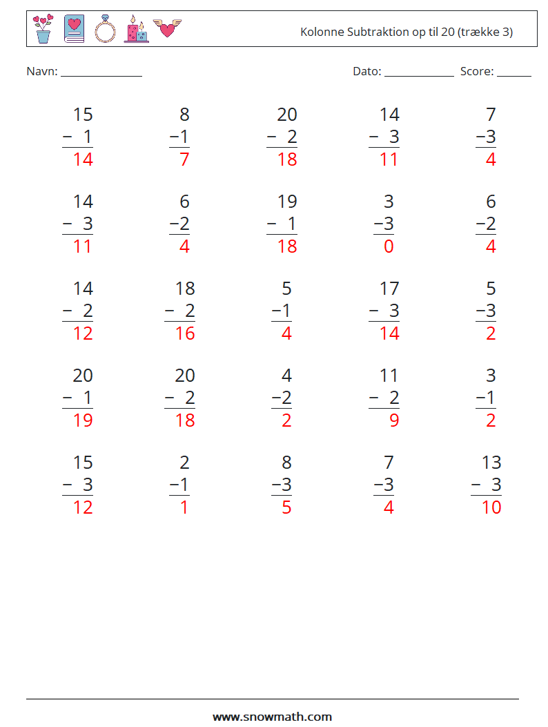 (25) Kolonne Subtraktion op til 20 (trække 3) Matematiske regneark 16 Spørgsmål, svar