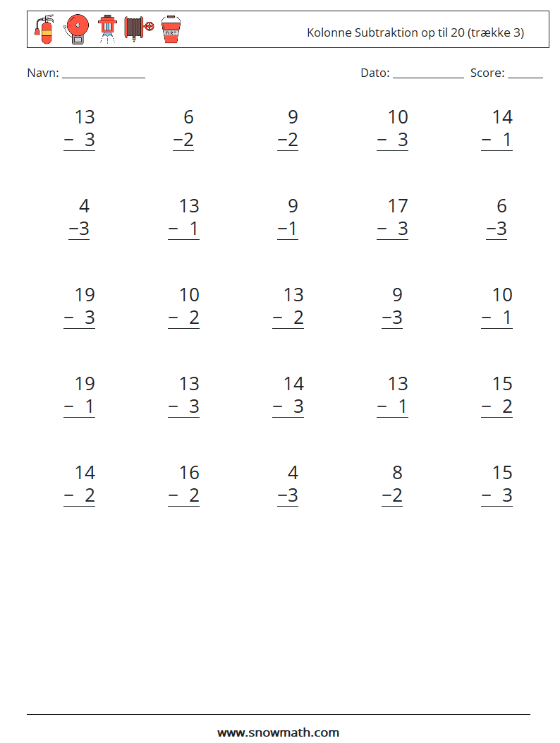 (25) Kolonne Subtraktion op til 20 (trække 3) Matematiske regneark 18