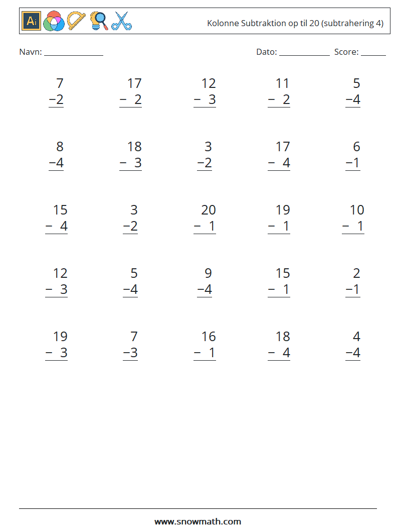 (25) Kolonne Subtraktion op til 20 (subtrahering 4)