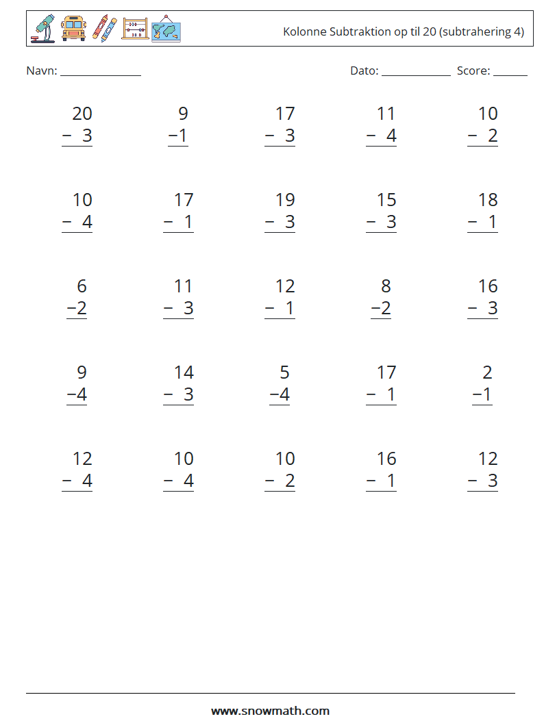 (25) Kolonne Subtraktion op til 20 (subtrahering 4) Matematiske regneark 10