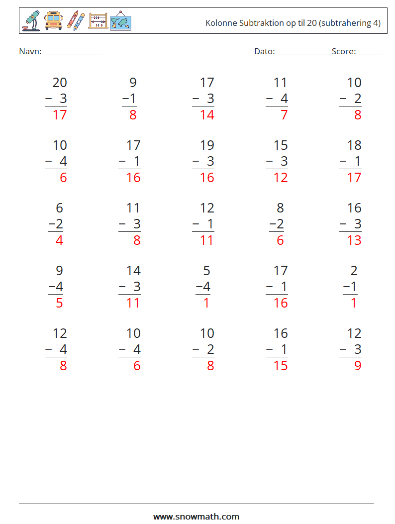 (25) Kolonne Subtraktion op til 20 (subtrahering 4) Matematiske regneark 10 Spørgsmål, svar