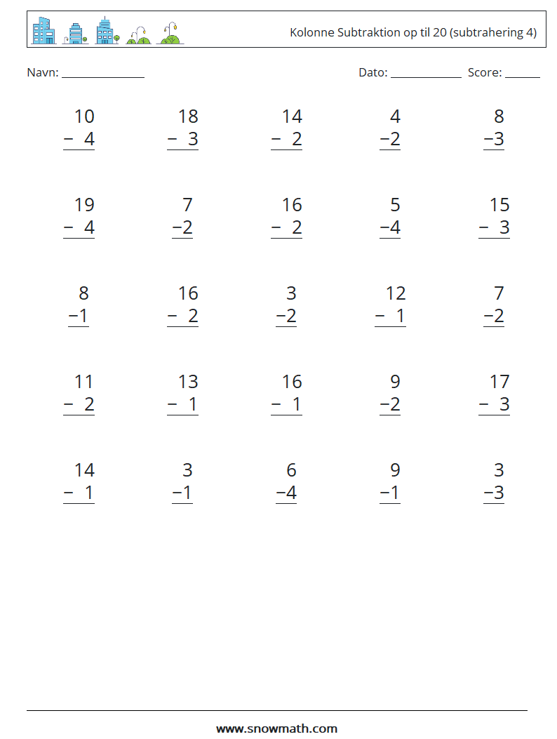 (25) Kolonne Subtraktion op til 20 (subtrahering 4) Matematiske regneark 11