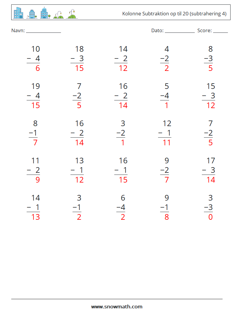 (25) Kolonne Subtraktion op til 20 (subtrahering 4) Matematiske regneark 11 Spørgsmål, svar