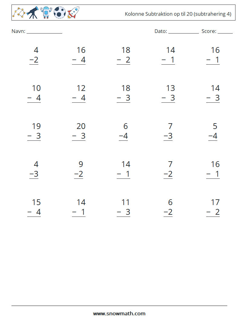 (25) Kolonne Subtraktion op til 20 (subtrahering 4) Matematiske regneark 12