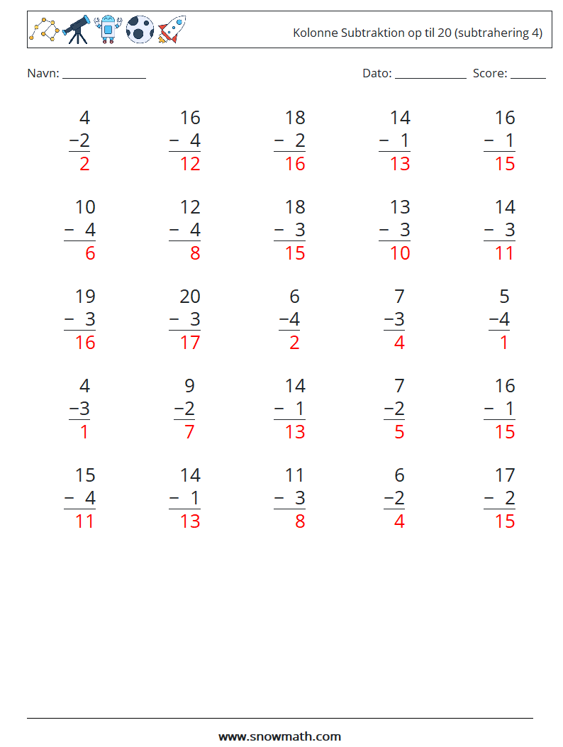 (25) Kolonne Subtraktion op til 20 (subtrahering 4) Matematiske regneark 12 Spørgsmål, svar