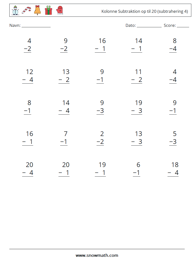 (25) Kolonne Subtraktion op til 20 (subtrahering 4) Matematiske regneark 13