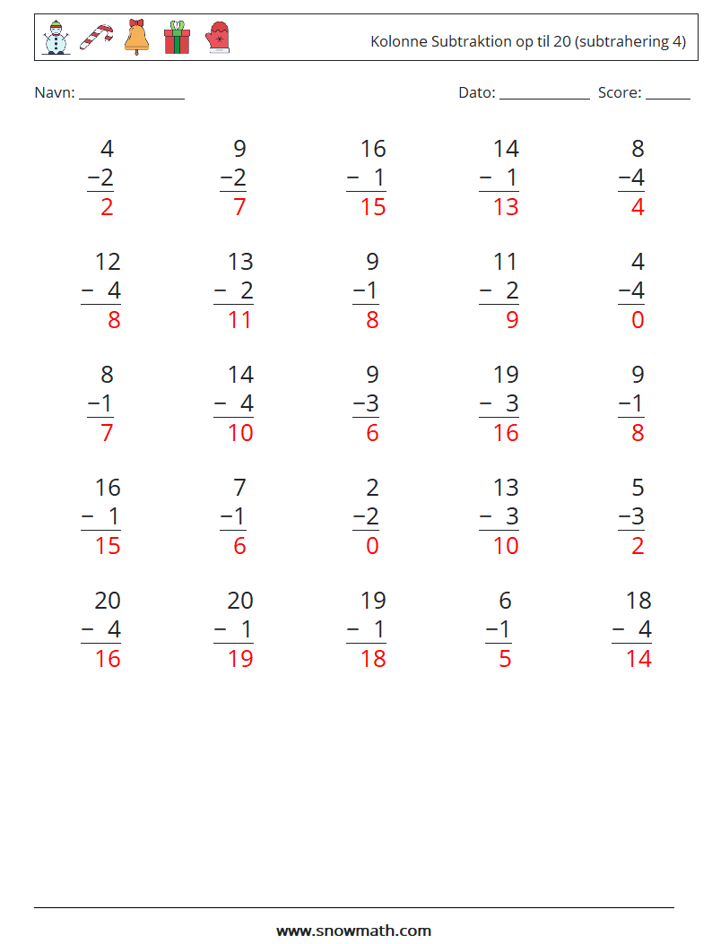 (25) Kolonne Subtraktion op til 20 (subtrahering 4) Matematiske regneark 13 Spørgsmål, svar