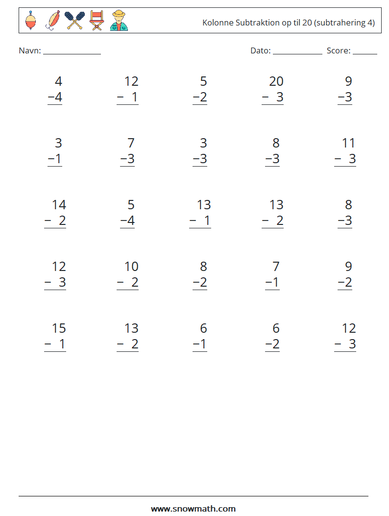 (25) Kolonne Subtraktion op til 20 (subtrahering 4) Matematiske regneark 14
