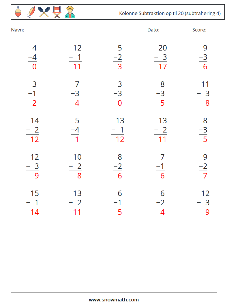 (25) Kolonne Subtraktion op til 20 (subtrahering 4) Matematiske regneark 14 Spørgsmål, svar