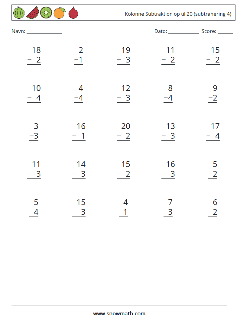 (25) Kolonne Subtraktion op til 20 (subtrahering 4) Matematiske regneark 15