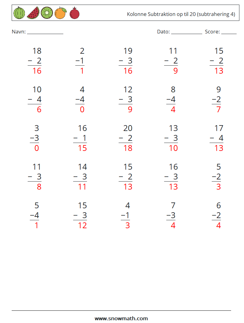 (25) Kolonne Subtraktion op til 20 (subtrahering 4) Matematiske regneark 15 Spørgsmål, svar