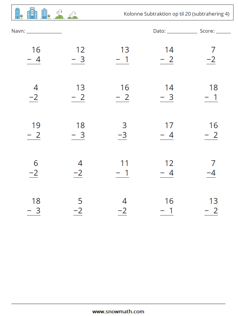 (25) Kolonne Subtraktion op til 20 (subtrahering 4) Matematiske regneark 16