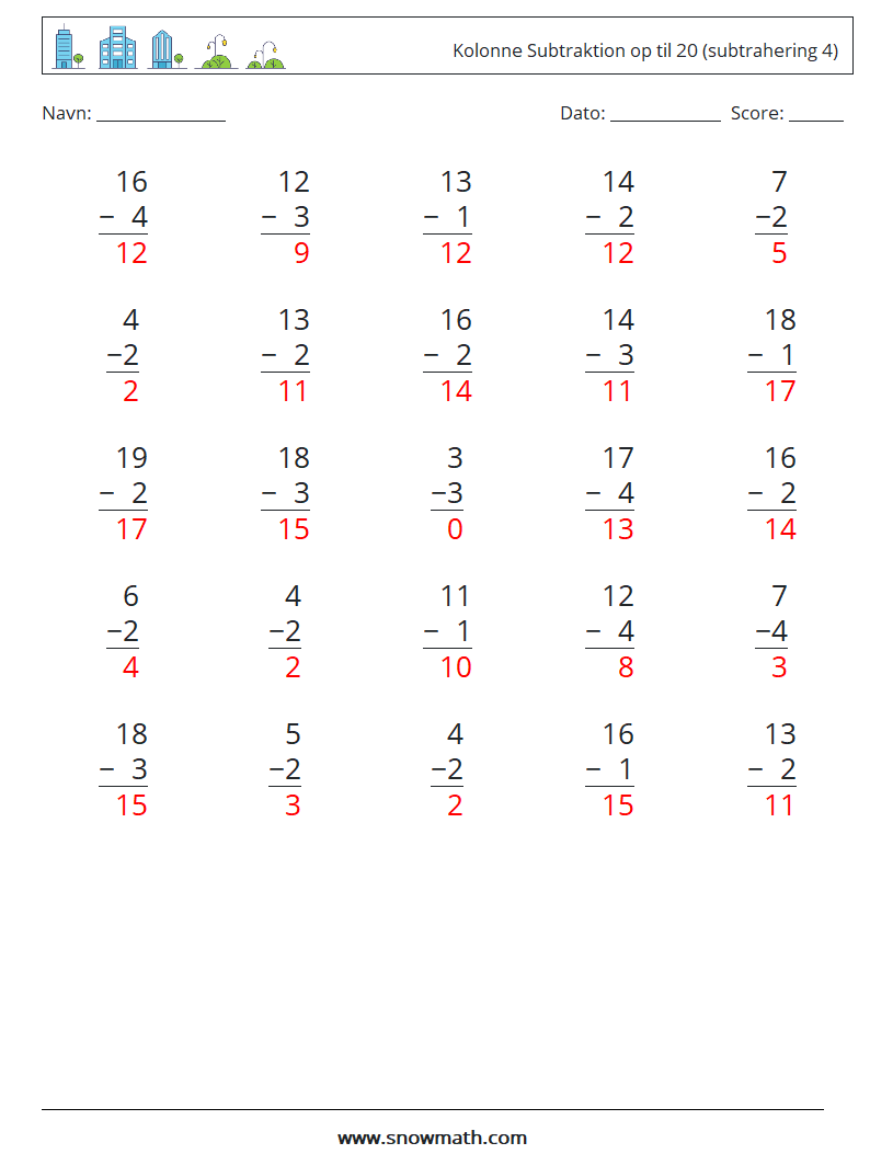 (25) Kolonne Subtraktion op til 20 (subtrahering 4) Matematiske regneark 16 Spørgsmål, svar