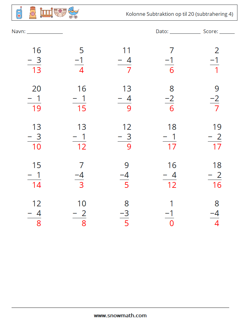 (25) Kolonne Subtraktion op til 20 (subtrahering 4) Matematiske regneark 17 Spørgsmål, svar