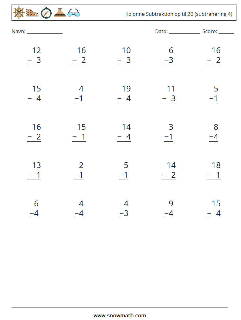 (25) Kolonne Subtraktion op til 20 (subtrahering 4) Matematiske regneark 18