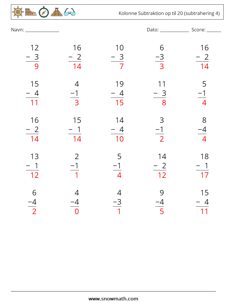 (25) Kolonne Subtraktion op til 20 (subtrahering 4) Matematiske regneark 18 Spørgsmål, svar