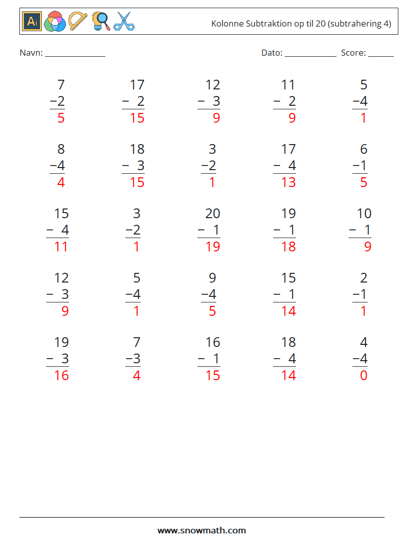 (25) Kolonne Subtraktion op til 20 (subtrahering 4) Matematiske regneark 1 Spørgsmål, svar