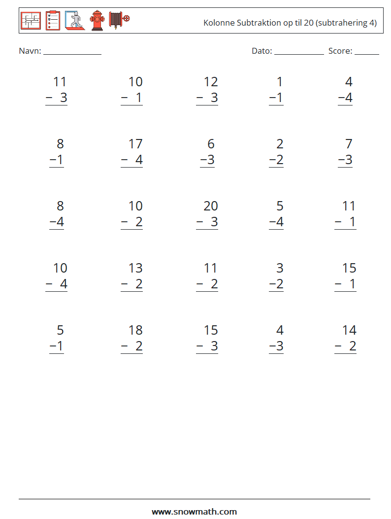 (25) Kolonne Subtraktion op til 20 (subtrahering 4) Matematiske regneark 2