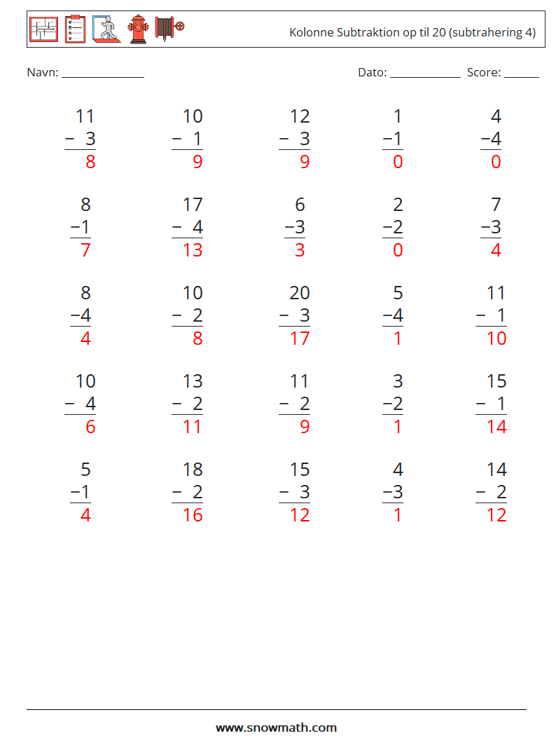 (25) Kolonne Subtraktion op til 20 (subtrahering 4) Matematiske regneark 2 Spørgsmål, svar