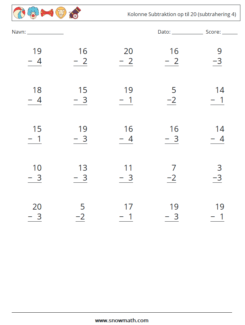 (25) Kolonne Subtraktion op til 20 (subtrahering 4) Matematiske regneark 3