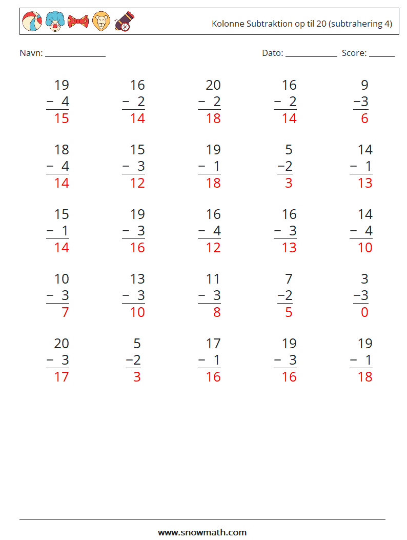 (25) Kolonne Subtraktion op til 20 (subtrahering 4) Matematiske regneark 3 Spørgsmål, svar