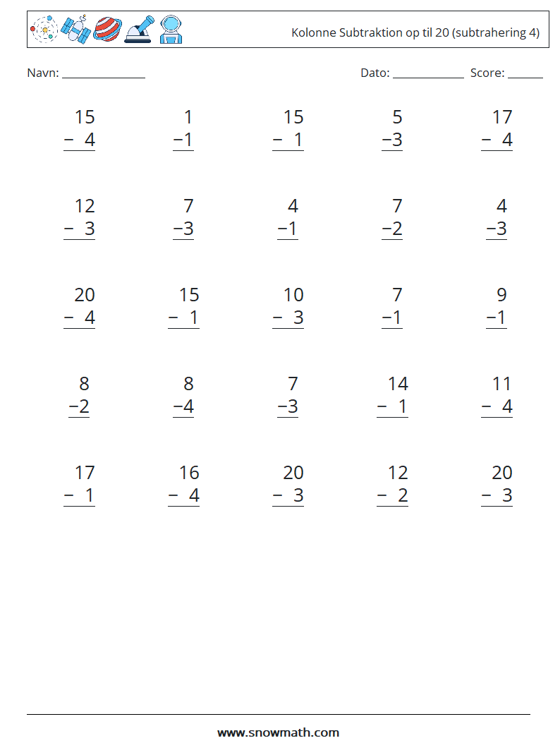(25) Kolonne Subtraktion op til 20 (subtrahering 4) Matematiske regneark 4