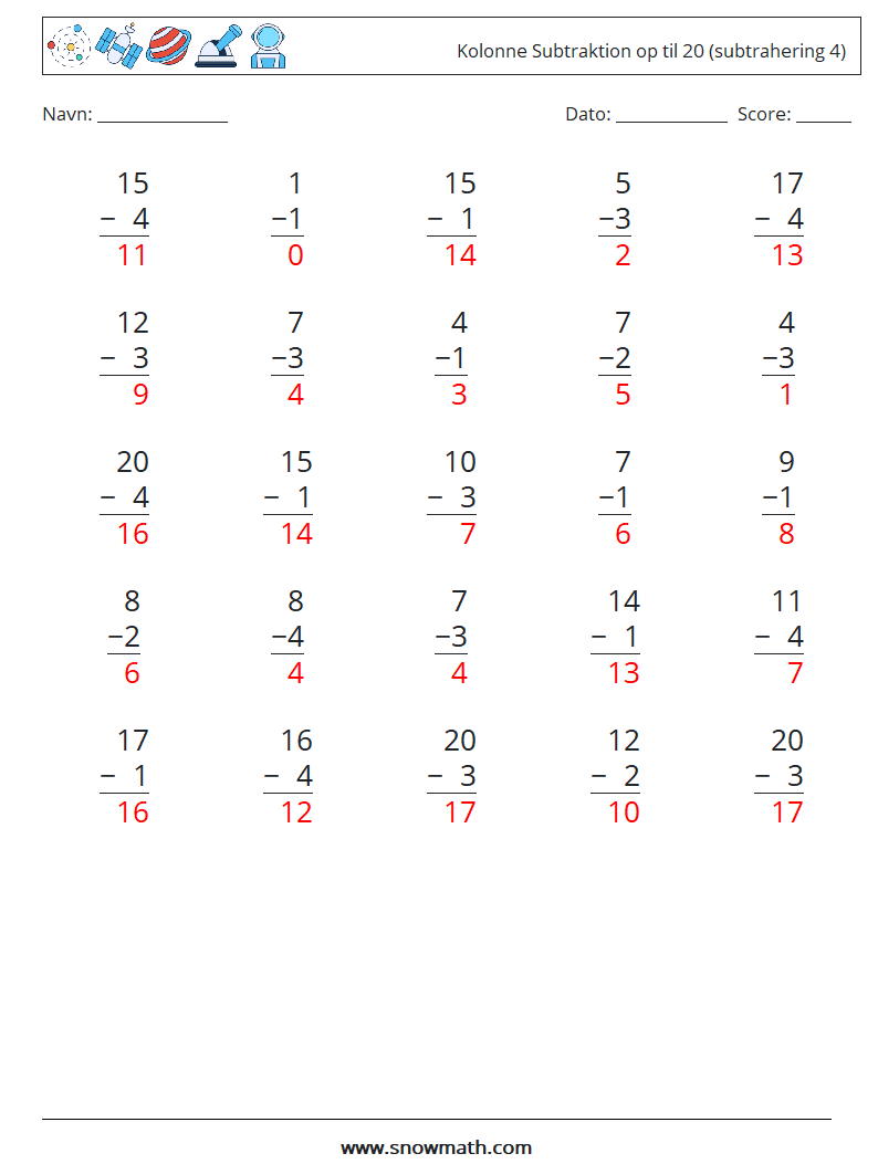 (25) Kolonne Subtraktion op til 20 (subtrahering 4) Matematiske regneark 4 Spørgsmål, svar