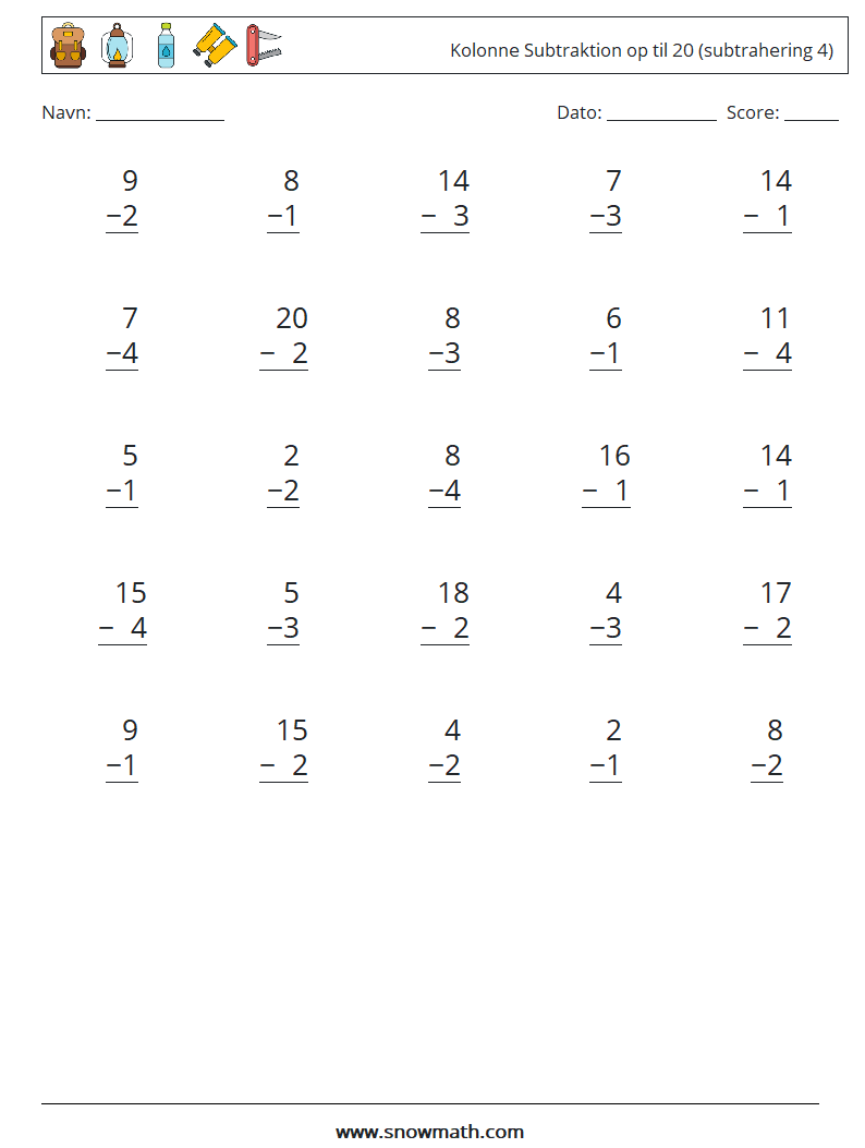 (25) Kolonne Subtraktion op til 20 (subtrahering 4) Matematiske regneark 5