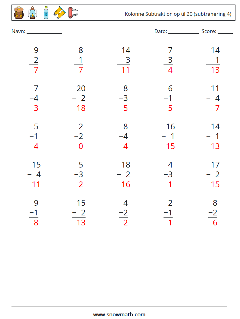 (25) Kolonne Subtraktion op til 20 (subtrahering 4) Matematiske regneark 5 Spørgsmål, svar