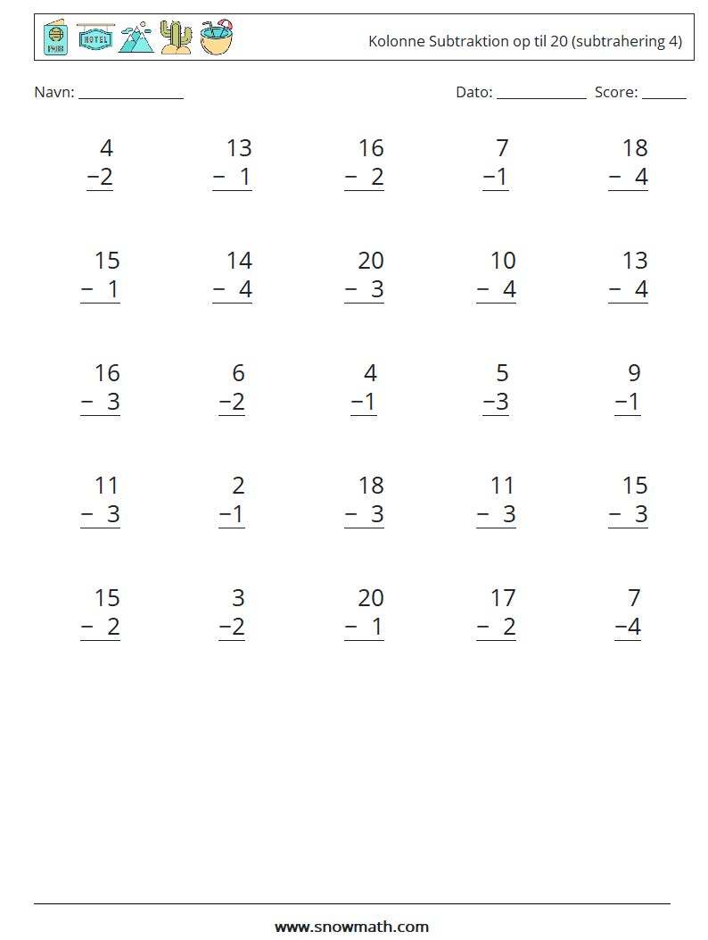 (25) Kolonne Subtraktion op til 20 (subtrahering 4) Matematiske regneark 6