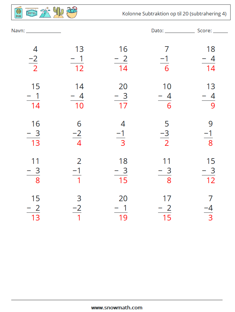 (25) Kolonne Subtraktion op til 20 (subtrahering 4) Matematiske regneark 6 Spørgsmål, svar