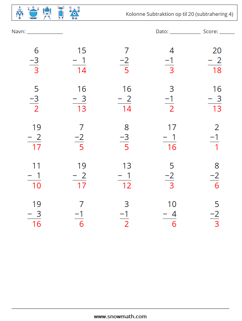 (25) Kolonne Subtraktion op til 20 (subtrahering 4) Matematiske regneark 7 Spørgsmål, svar
