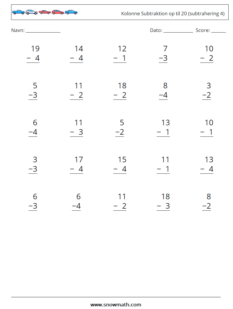 (25) Kolonne Subtraktion op til 20 (subtrahering 4) Matematiske regneark 8