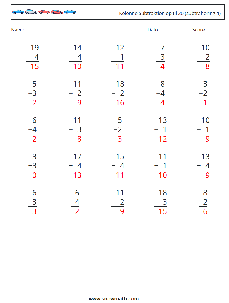 (25) Kolonne Subtraktion op til 20 (subtrahering 4) Matematiske regneark 8 Spørgsmål, svar