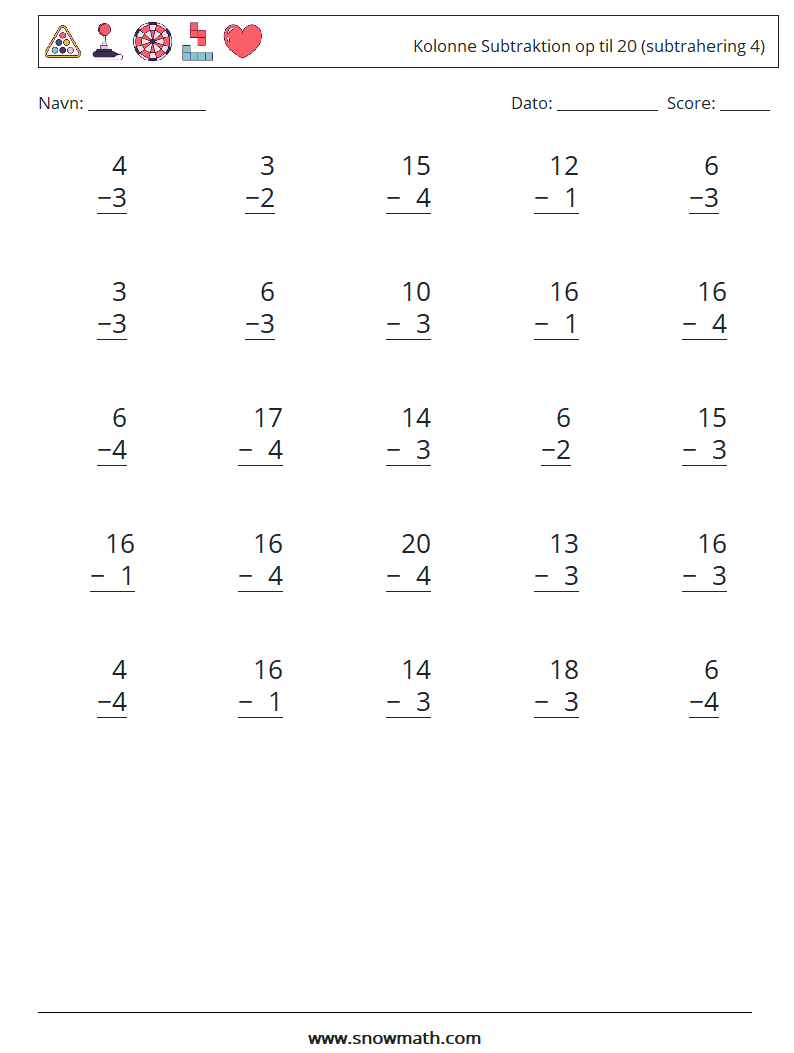 (25) Kolonne Subtraktion op til 20 (subtrahering 4) Matematiske regneark 9
