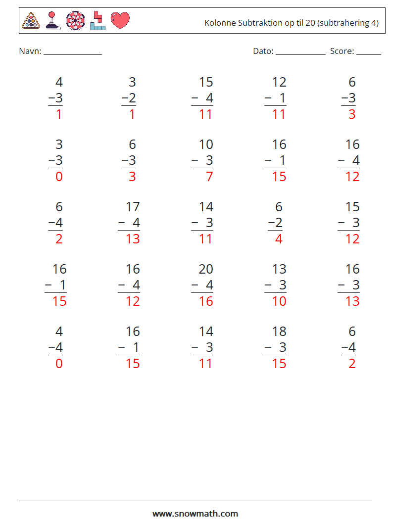 (25) Kolonne Subtraktion op til 20 (subtrahering 4) Matematiske regneark 9 Spørgsmål, svar