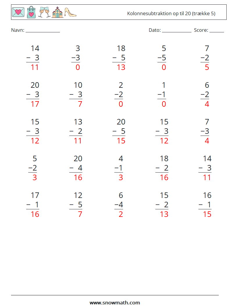 (25) Kolonnesubtraktion op til 20 (trække 5) Matematiske regneark 10 Spørgsmål, svar