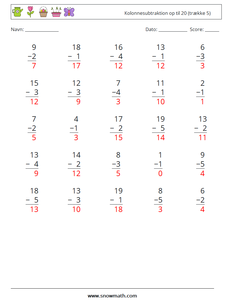 (25) Kolonnesubtraktion op til 20 (trække 5) Matematiske regneark 12 Spørgsmål, svar