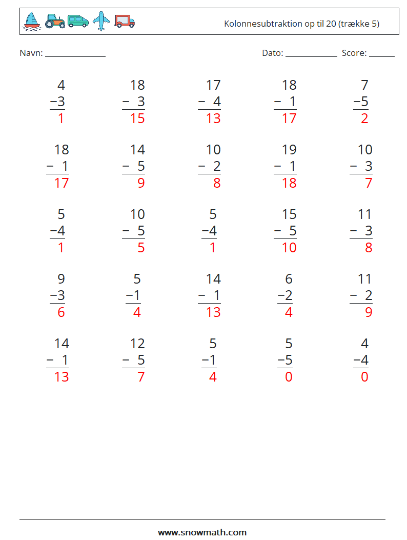 (25) Kolonnesubtraktion op til 20 (trække 5) Matematiske regneark 14 Spørgsmål, svar