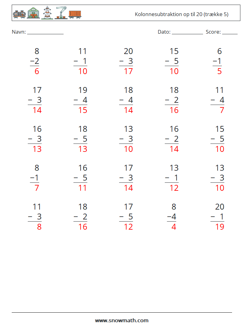 (25) Kolonnesubtraktion op til 20 (trække 5) Matematiske regneark 15 Spørgsmål, svar